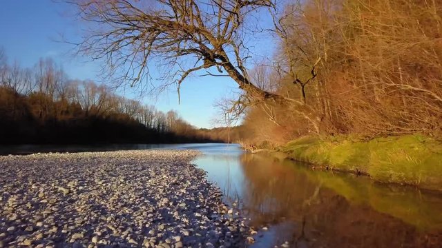 Langsamer Flug zauberhafter Baum an Fluss