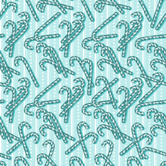 Candy Cane Seamless Pattern. Sketch Christmas Candies On Blue Background Doodle Vintage Vector Illustration. Winter Holidays Decoration With Traditional Sweets Ornament