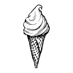 Ice Cream Waffle Cone Skecth. Hand Drawn Icecream Icon On White Background Vector Illustration. Engraving Black Soft Serve Ice Summer Dessert Isolated