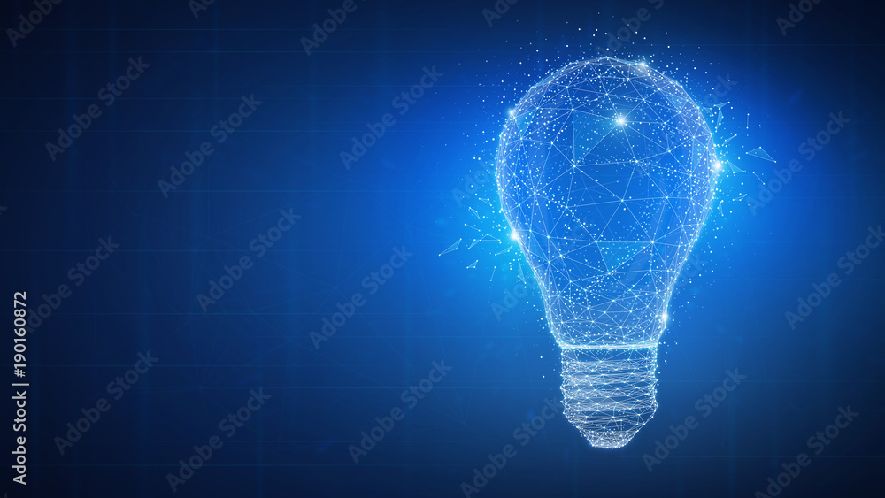 Poster polygon idea light bulb on blockchain technology network hud background. global cryptocurrency block