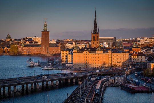 Stockholm skyline panorama at sunrise, Sweden