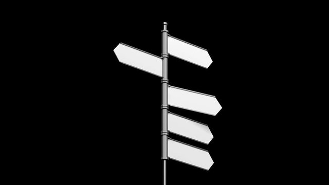 3D signpost (roadsign) with five arrows on black background - animation