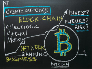 Words on blackboard: Bitcoin, cryptocurrency, electronic virtual money, blockchain, network, invest, future - internet economy concept
