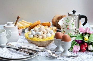 Easter breakfast, high tea, table setting for a festive dinner