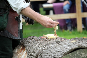 Falconer placing dead chicks onto a log to entice his birds of prey