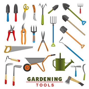 Vector isolated icons of farm gardening tools