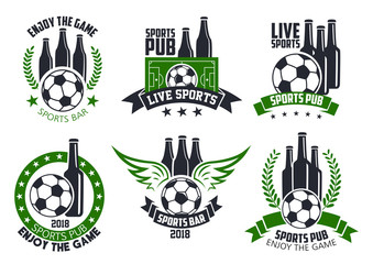 Obraz premium Soccer bar or football beer pub vector ball icons