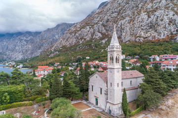 Aerial view of the village of Dobrota and St.Eustace's Church. Montenegro.