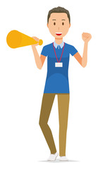 Fototapeta premium A male staff wearing name plate have a megaphone