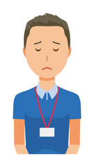 A male staff wearing a nameplate is apologizing - upper body