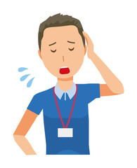 A male staff wearing nameplate is tired - upper body