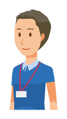 A male staff wearing nameplate is walking - upper body