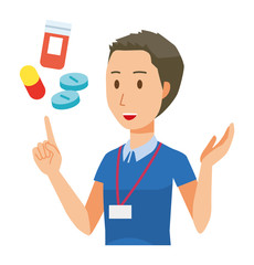 A male staff wearing nameplate is explains about medicine - upper body