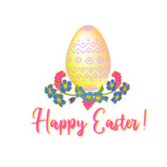 Traditional Easter Egg  Isolated on  White Background with Forget-me-not Flowers and Happy Easter Text for Decoration, Invitation and Greeting Card or Web