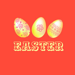 Set of Traditional Easter Eggs with Easter Text Isolated on Red Background for Easter Holiday Decoration, Invitation and Greeting Card or Web