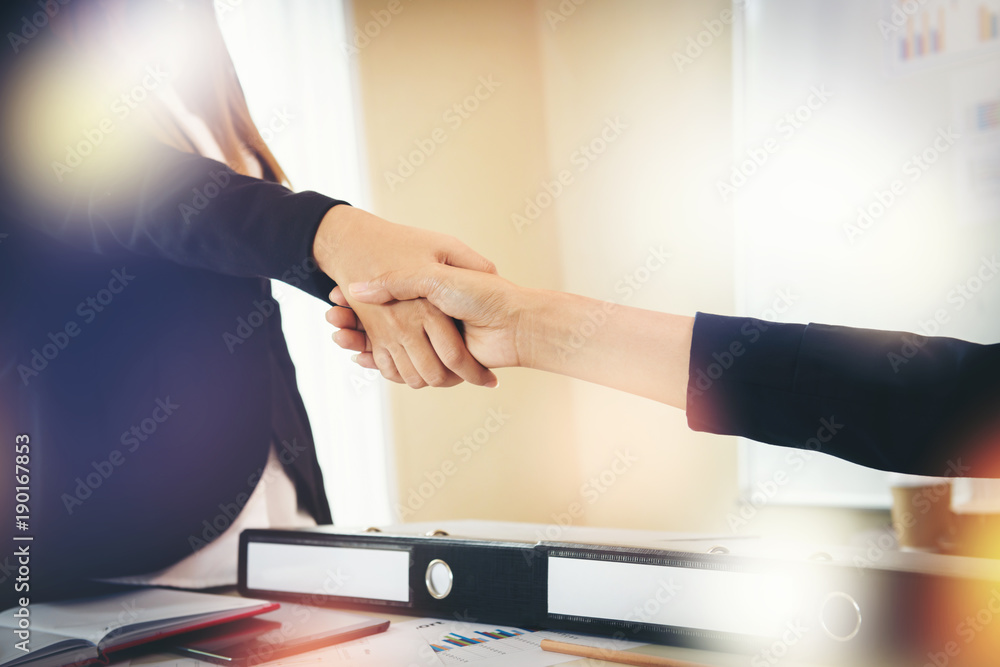 Wall mural business people shaking hands while sitting at the working place, finish success business good deals