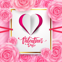Valentine's Day Calligraphic Inscription with cut paper heart and beautiful flower for Greeting card, Banners,Flyers, Posters and Brochure.Vector illustration EPS 10