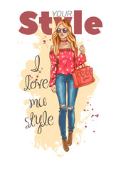 Fashion look. Beautiful young woman in stylish clothes. Fashion girl with bag in the glasses. Urban casual style. Shirt with print and ripped jeans. Fashion vector illustration. Hand drawn sketch.
