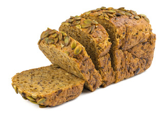 Cut a loaf of bread from wheat flour with pumpkin seeds isolated on white background.