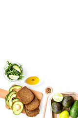 Avocado toast for light healthy breakfast on white background top view copy space