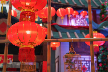 Fototapeta premium Red Chinese Lantern Light for Chinese New Year celebration.Close up shot of red lantern light.