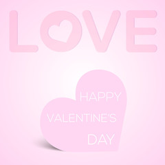 Valentine's day greeting card with text Love on pink background and paper heart. Vector