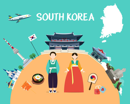 Traveling to South Korea with landmarks and map