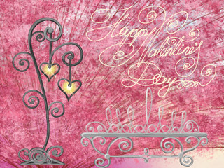 Colorful hand drawn bench and street lights with heart on pink background as bloom tree, illustration for Saint Valentine's Day greeting card painted by pencil paper chalk on canvas, high quality