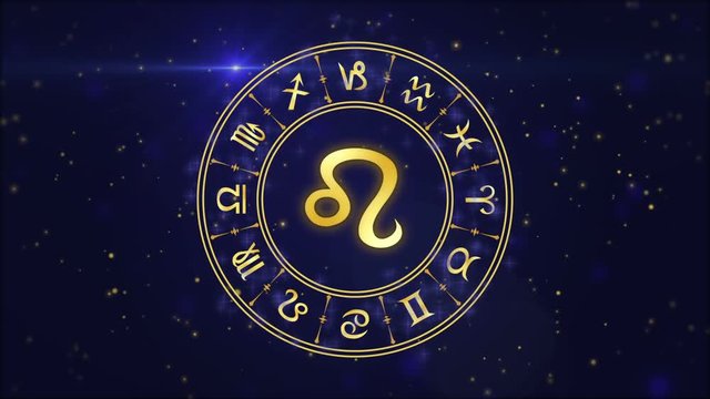 Zodiac sign Leo and horoscope wheel on the dark blue background