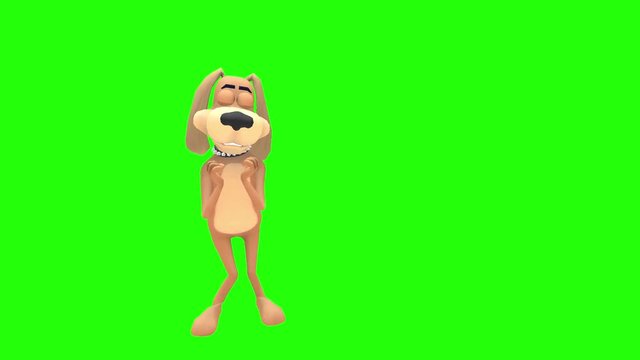 Scared nervous frightened fearful animated cartoon dog hound canine pooch mutt character stands shaking then shifts weight to one side as if to fart multiple times in front of green screen background