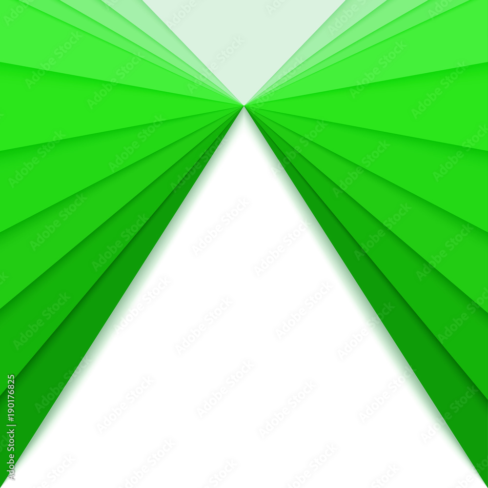 Poster paper cut out backdrop with green gradient, idea for banner. triangles with rays, layered colorful p