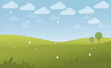 Green landscape and blue sky in the rain, vector