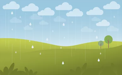 Fotobehang Green landscape and blue sky in the rain, vector © thaporn942
