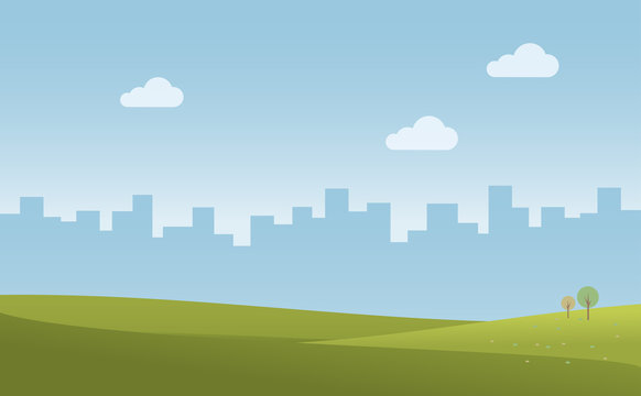 Green Landscape Blue Sky With City, Vector