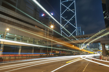 Night Traffic in Central district of Hong Kong city at night