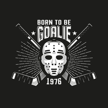 Hockey authentic retro emblem with goalkeeper mask and crossed sticks on a black background