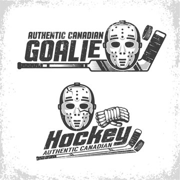 Classic vintage emblems of Canadian hockey with retro goale mask, stick and puck. Grunge texture on separate layer and can be disabled.
