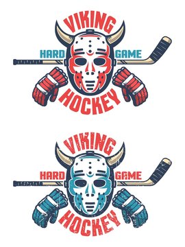 Oldschool hockey emblem -  retro goalie mask with horns, stick, gloves and an inscription Viking Hockey. Two color schemes. Worn texture on separate layer can be disabled.