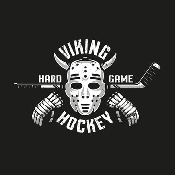 Viking hockey logo with a retro goalkeeper mask with horns, stick and gloves. Grunge texture on separate layer and can be disabled.