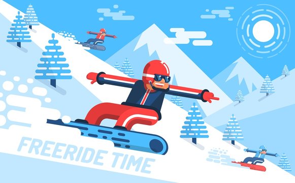 Snowboarder descends on slope of the mountain among fir trees. Freeride -
 bright modern flat illustration.
