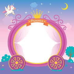 Illustration of cute princess cart template on night background with unicorn stars and moon.