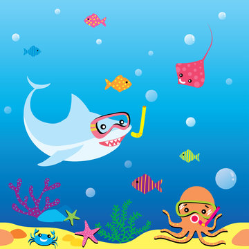 Illustration vector of cute shark octopus stingray crab and fish on undersea background design for horizon seamless pattern.