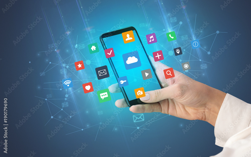 Aufkleber hand using smartphone with application icons