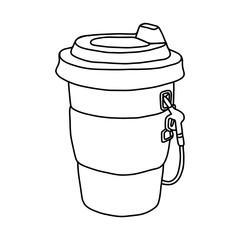 Paper cup of takeaway coffee with dispenser. Metaphor coffee is power for office people vector illustration sketch hand drawn with black lines, isolated on white background