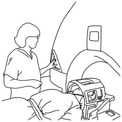 female specialist turning on MRI scanner for patient in hospital vector illustration sketch hand drawn with black lines, isolated on white background. Medical concept.