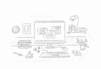 Drawn image of work table with objects
