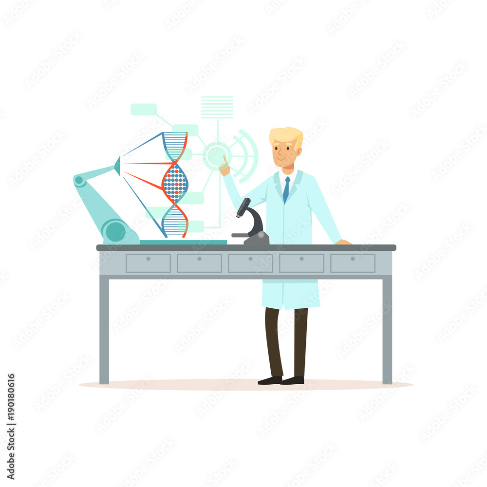 Poster male scientist and robotic arm conducting experiment with dna structure in a modern laboratory, arti