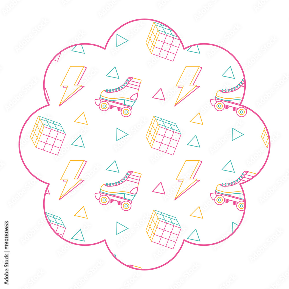 Poster flower pattern shape label with roller skate and rubik cube vector illustration color line design