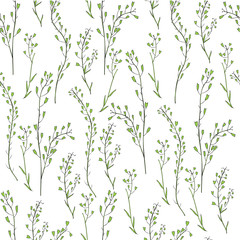 Seamless floral pattern, Capsella flower, Shepherd's purse, Capsella bursa-pastoris, the entire plant, hand drawn vector ink sketch isolated on white, for design cosmetic, textile, natural fabric