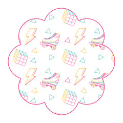 flower pattern shape label with roller skate and rubik cube vector illustration color line design
